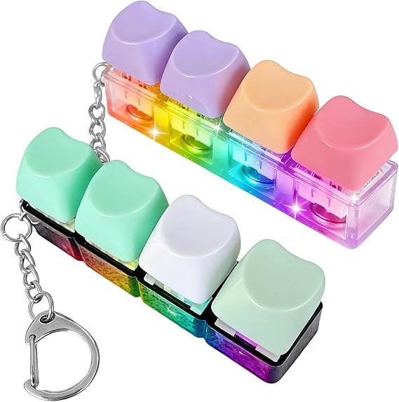 2 Pcs Mini Keyboard Fidget Toy Light Up, Portable 4 Button Clicky Keyboard Fidget Toy with Keychain for Relief Stress, Decompression Toys for Adults