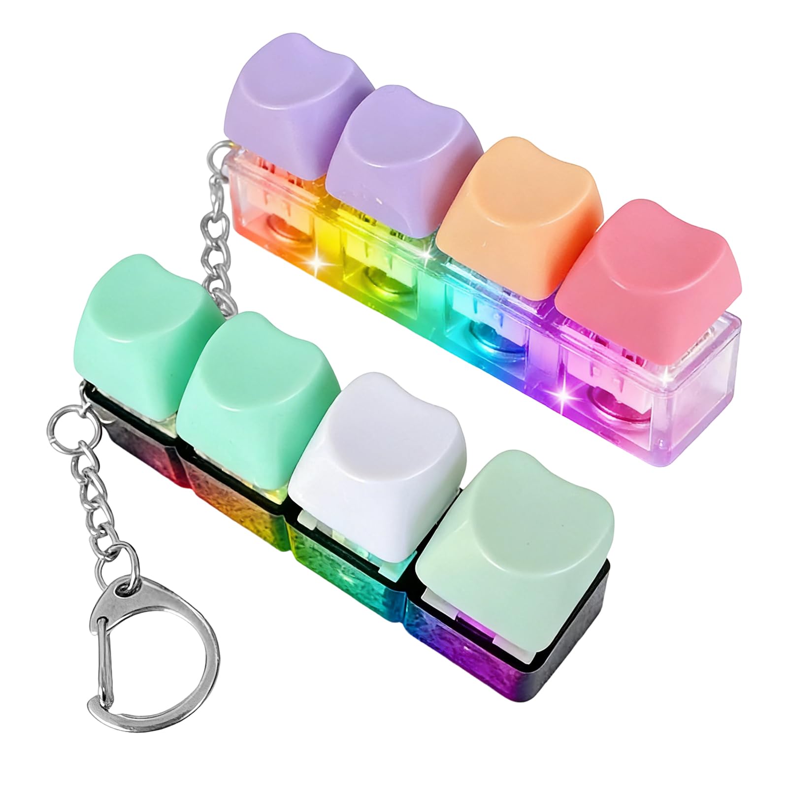 2 Pcs Mini Keyboard Fidget Toy Light Up, Portable 4 Button Clicky Keyboard Fidget Toy with Keychain for Relief Stress, Decompression Toys for Adults