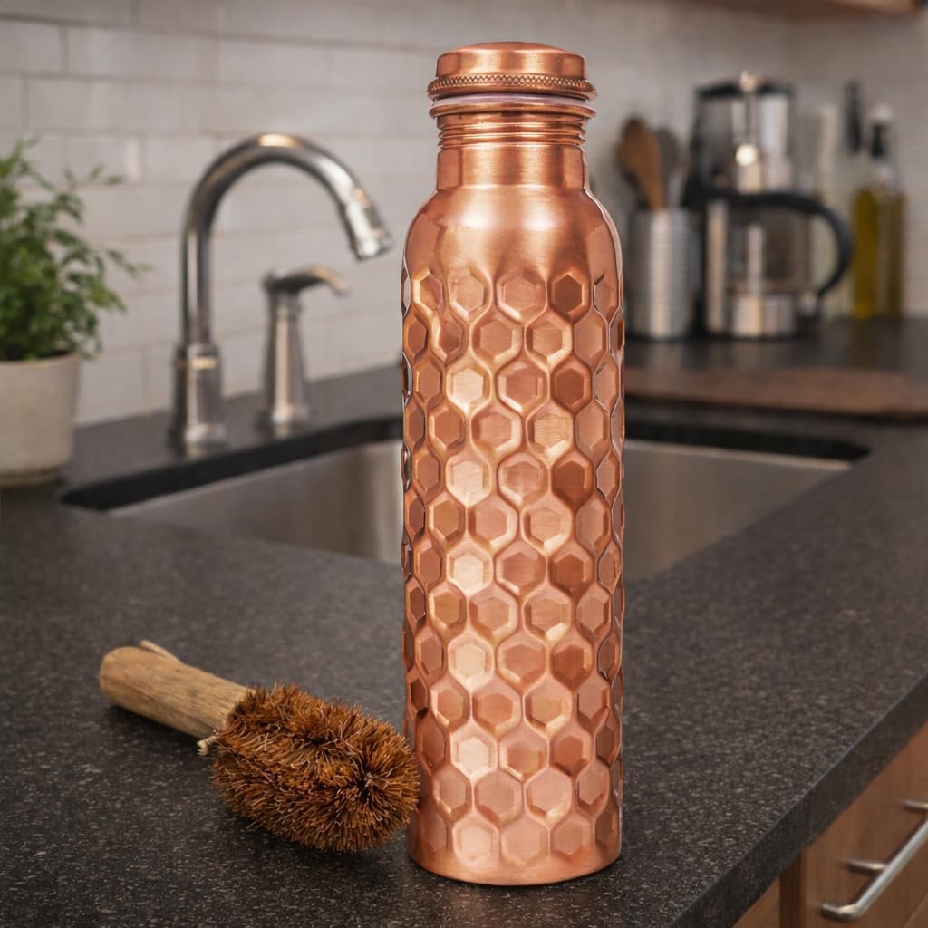 The Wooden Town 100% Pure Copper Water Bottle for Drinking, 32 Oz Large Diamond Ayurvedic Copper Bottle with Cleaning Brush, Leak-Proof Water Vessel_Diamond - Image 7