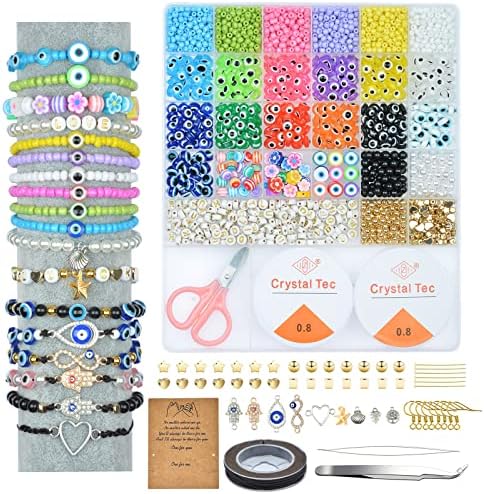 3009PCS Evil Eye Beads for Jewelry Making Evil Eye Bracelet Kit with Letter Beads 4mm Glass Seed Beads Gold Pearl Flower Clay Beads Evil Eye Charms for Crafts DIY Bracelet Earring Necklace Making