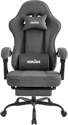 SUKIDA Gaming Stuhl Stoff, Ergonomischer Gaming Chair mit Fußstütze, Verstellbarer Racing Computerstuhl mit Lordosenstütze, Grau Ergonomisch PC-Stuhl