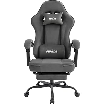 SUKIDA Gaming Chair Fabric Ergonomic Gaming Chair with Footrest Adjustable Racing Computer Chair with Lumbar Support Grey Ergonomic PC Chair