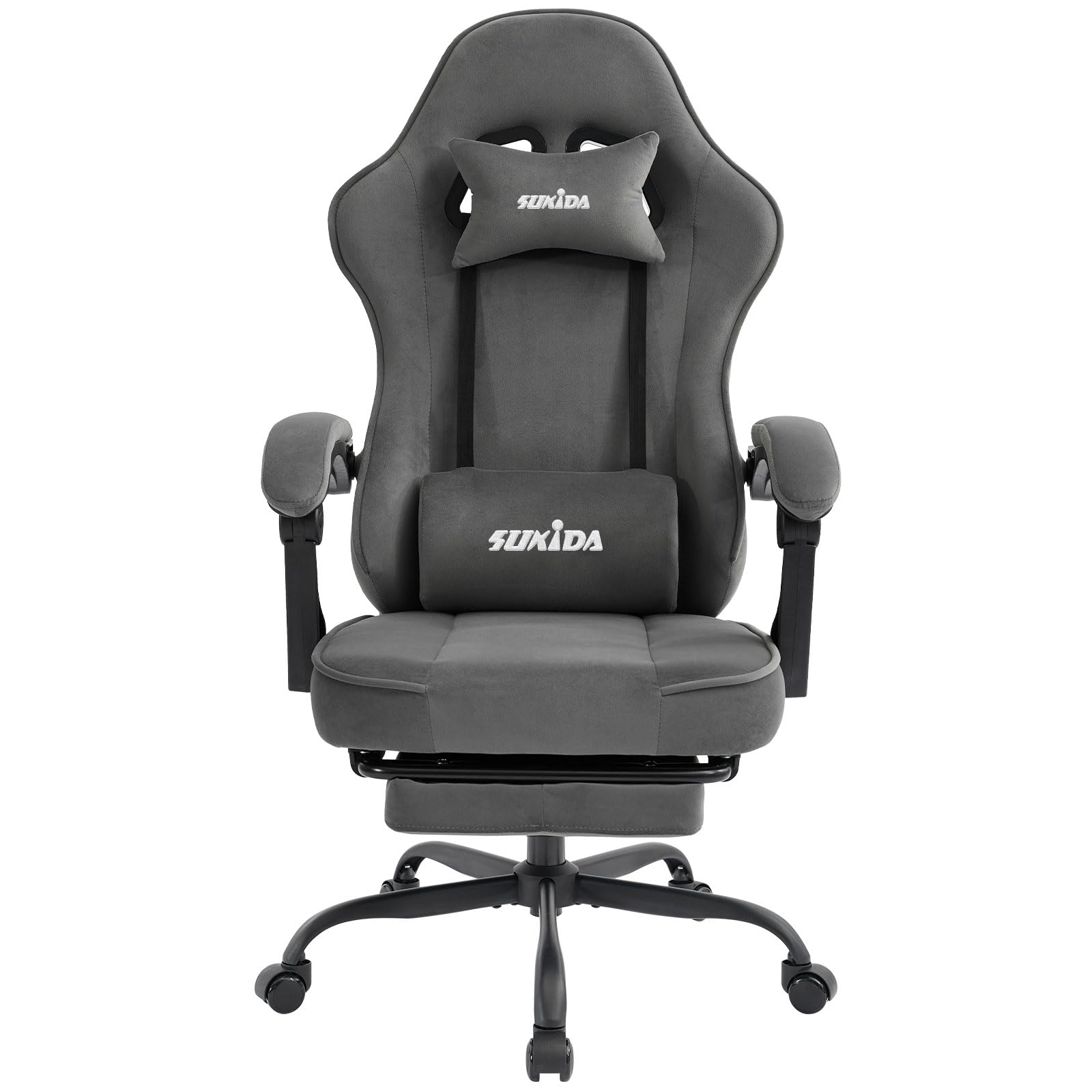 SUKIDA Gaming Stuhl Stoff Ergonomischer Gaming Chair mit Fußstütze Lordosenstütze Grau