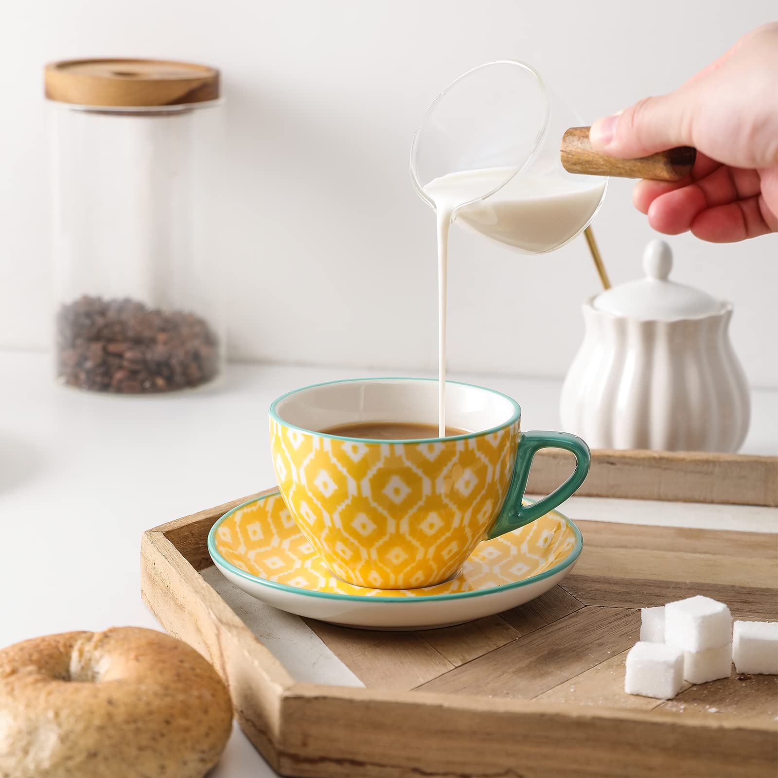 Selamica Ceramiczny zestaw filiżanek do cappuccino 230 ml ze spodkami, filiżanki do kawy, latte macchiato na imprezę, kawiarnię, dom, prezent świąteczny, zestaw 6 sztuk, różne kolory