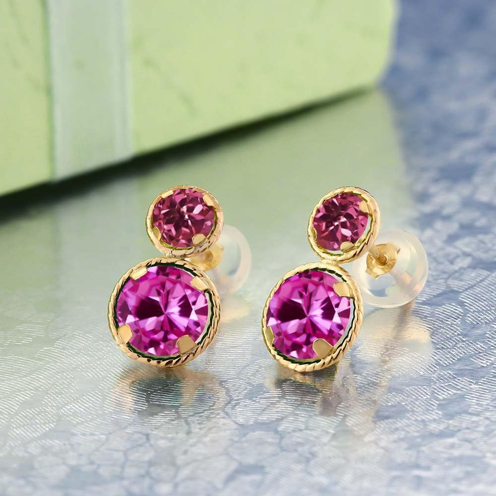 Gem Stone King 14K Yellow Gold Pink Created Sapphire and Pink Tourmaline Earrings For Women (2.48 Cttw, Gemstone September Birthstone, Round Cut 6MM and 4MM)