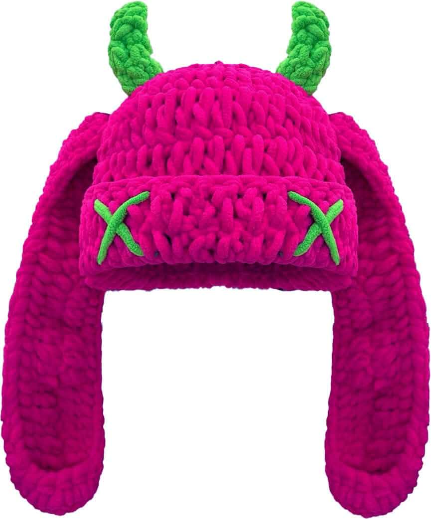 Bunny Chunky Beanie with Devil Horns Cute Chenille Crochet Hat with Long Floppy Ears Pastel Goth Rabbit Winter Skull Cap