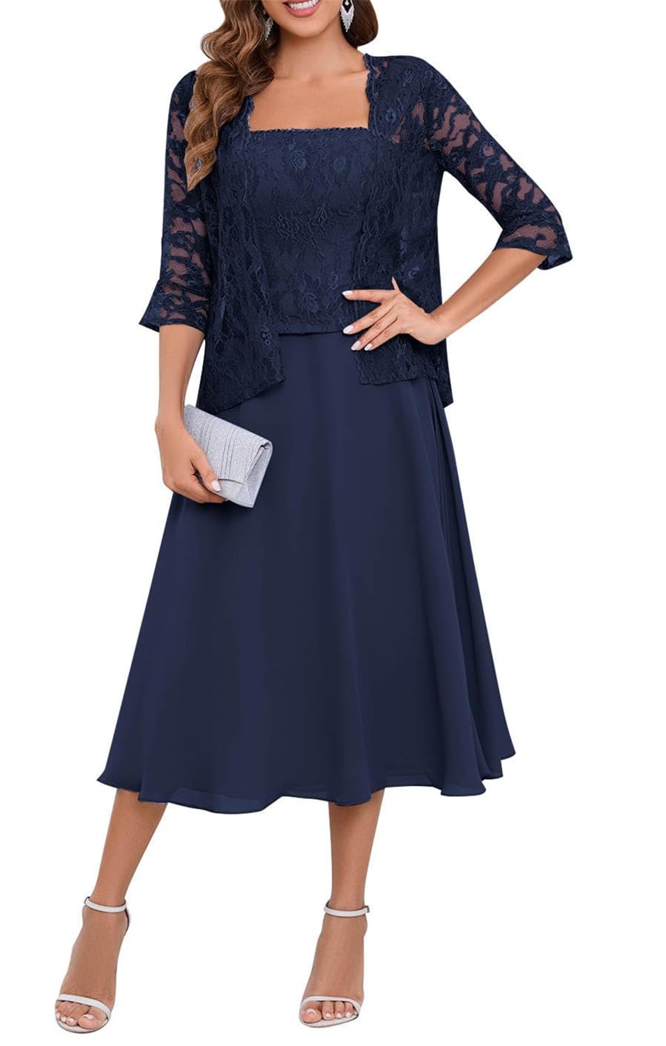 YIANN Navy Blue Chiffon Mother of The Bride Dresses Long for Wedding A Line Tea Length Formal Evening Dress with Jackets UK18
