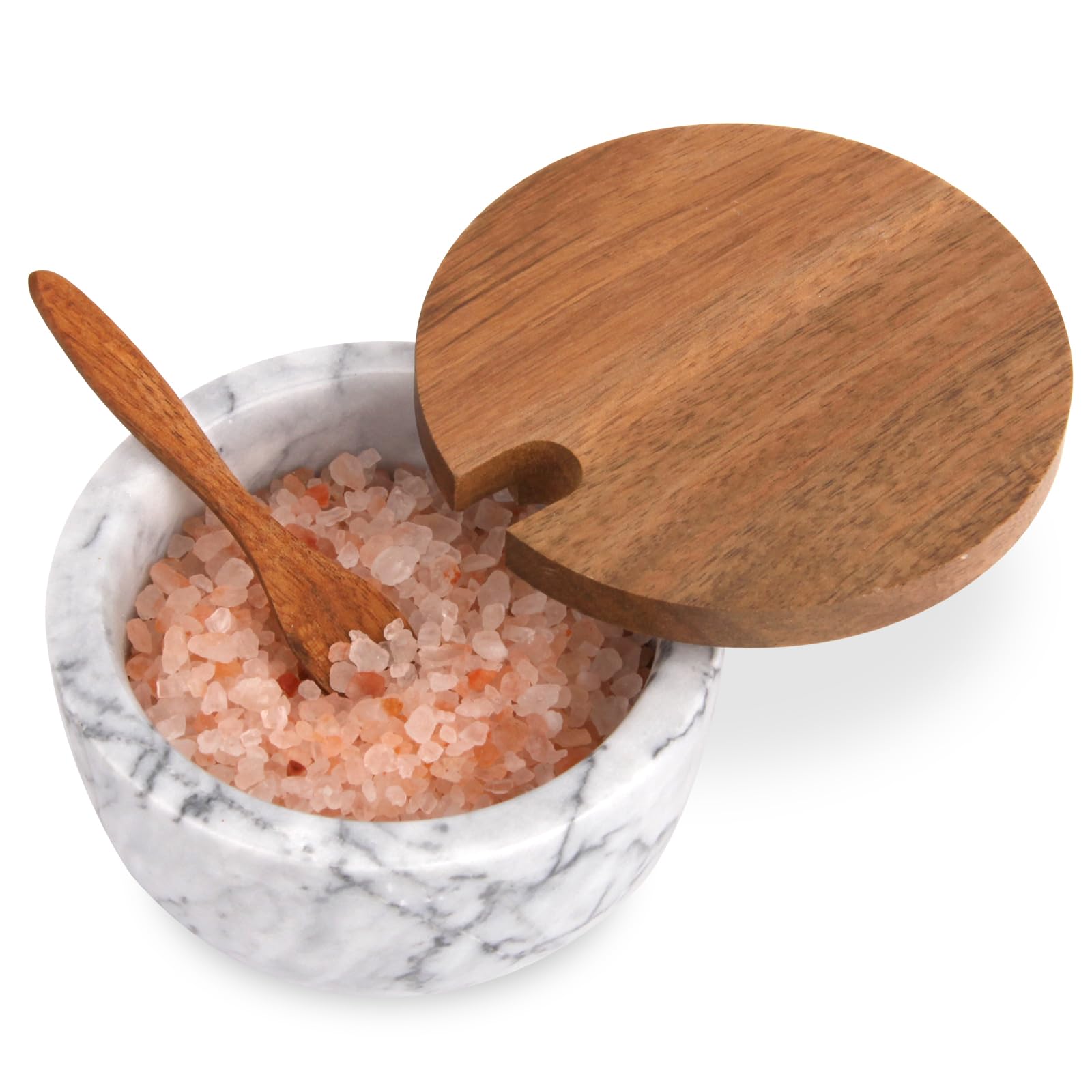 TABHOUKIT Marble Salt Cellar Box with Wood Lid & Spoon (White Marble Bowl)