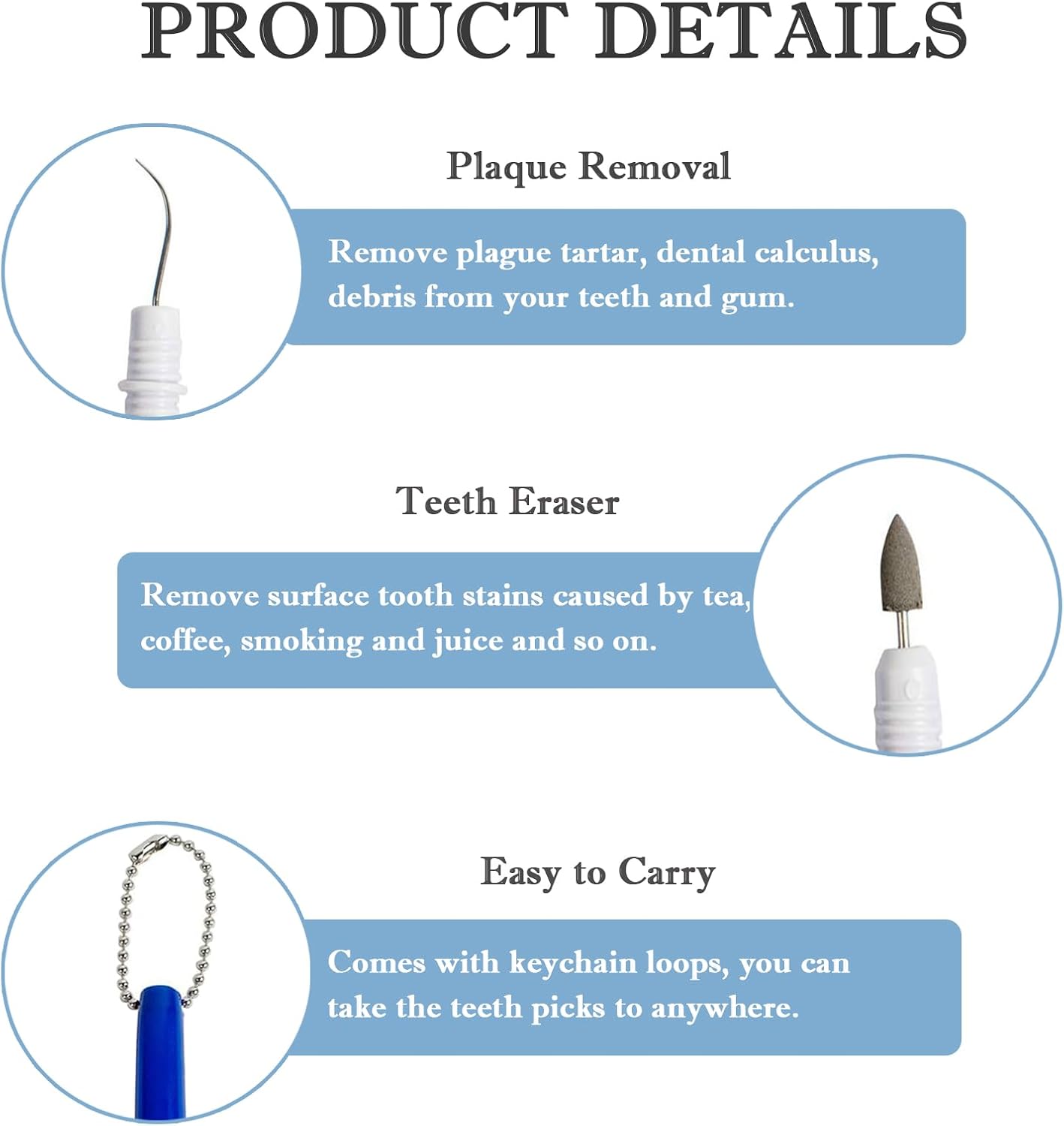 2PCS Reusable Dental Picks Kit Portable Teeth Stain Plaque Remover with Keychain with Keychain Tooth Erasers Tartar Eraser Tool Set for Travel, Pets & Oral Hygiene, Blue and White(Pack of 2)