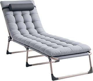 TRIOBLADE Heavy Duty Folding Garden Sun Lounger 22mm Steel Frame Support 264lbs 4-Position Adjustable Folding Chaise with Pillow Sun Bed with Cushion For Beach, Garden, Pati (Without sunshade, Grey)