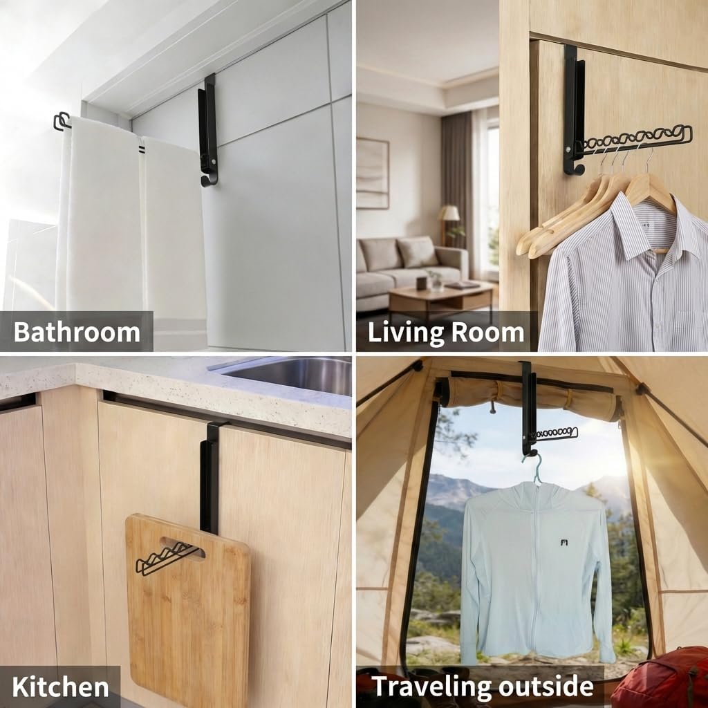 Over The Door Drying Rack with Hooks, Double Folding Portable Small Space Storage for Laundry Bathroom Travel Bedroom Drying (2Pack, Black) image 5