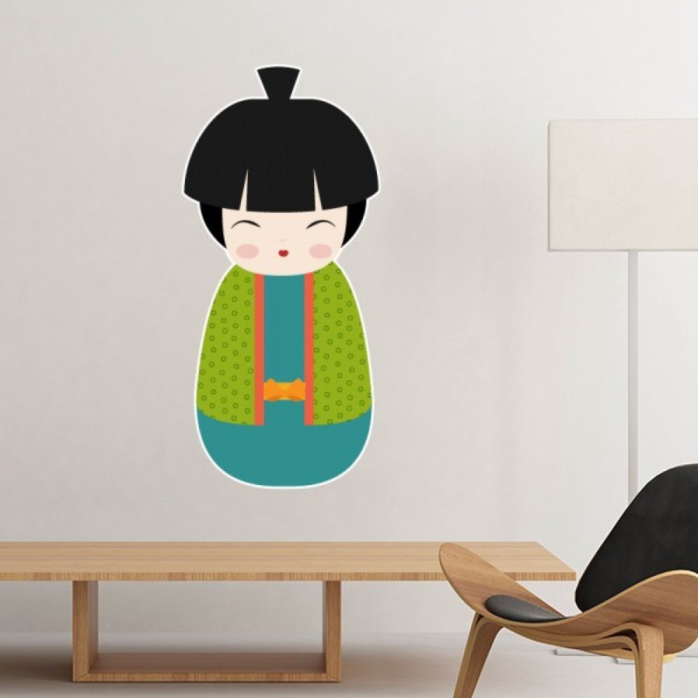 Décoration murale japonaise poupée kimono bleu autocollant amovible repositionnable