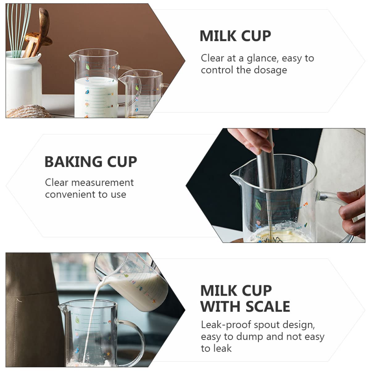 3 pcs and Jug Container Drinking Tea Easy Microwave Tool High Glass Cooking Cream Sugar Maker Transparent Kitchen Measurements Use V- Measure Pitcher Shaped Frothing Art Mug (Color : Assorte