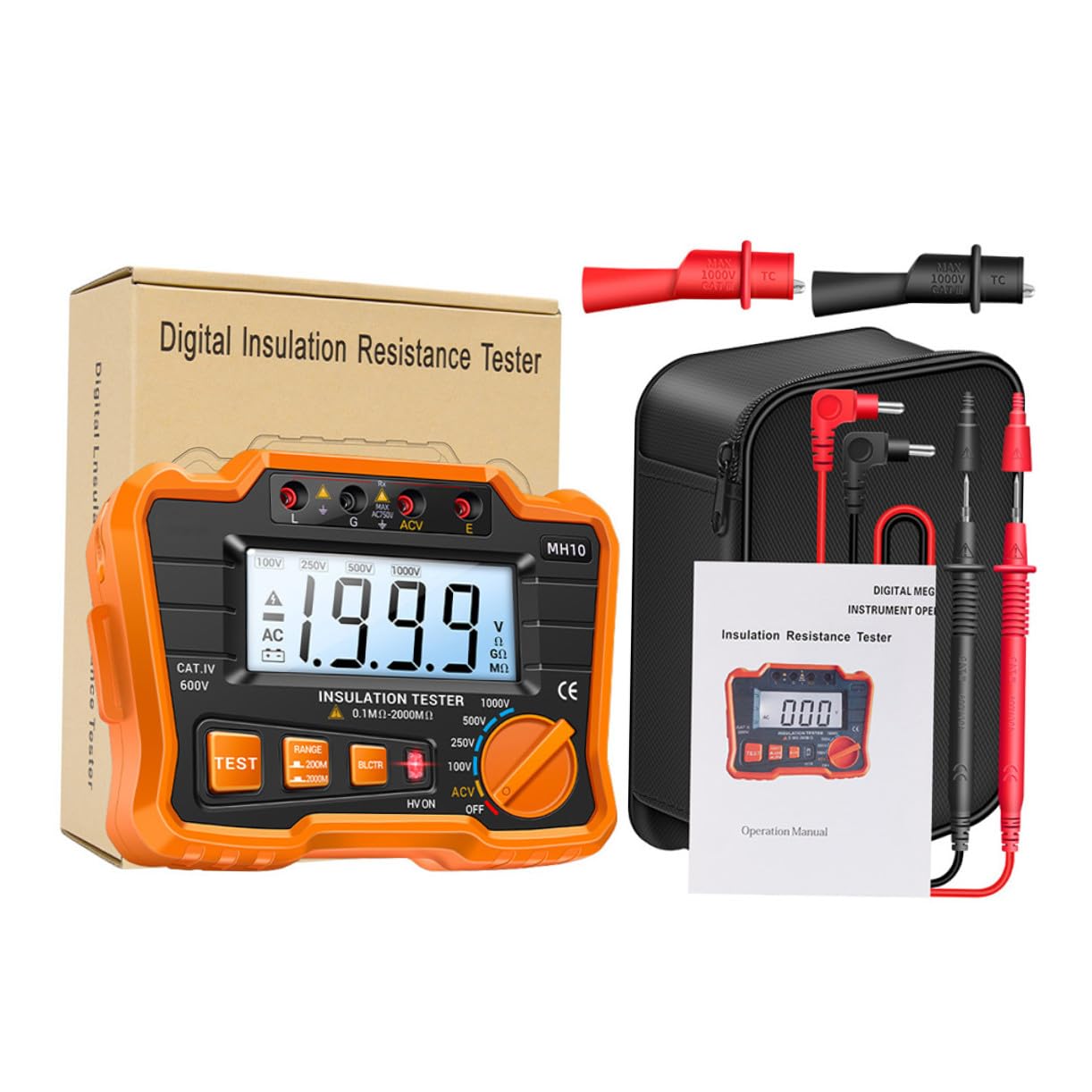 Megóhmetro Medidor Electrónico Industrial Mh10 de Resistencia de Aislamiento Digital Retroiluminación Lcd Naranja para Pruebas Eléctricas y Mantenimiento Profesional