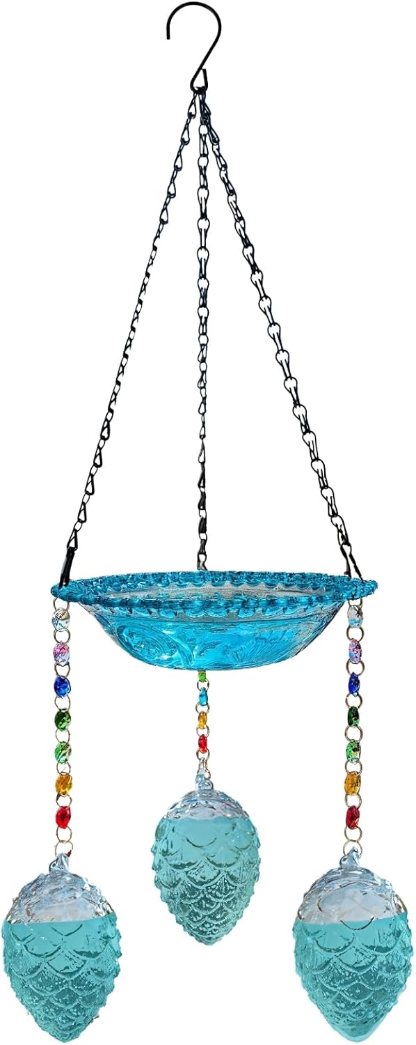 2-In-1 Hanging Glass Bird Bath And Hummingbird Feeder, Decorative Blue-Green, Small Size, Easy To Clean