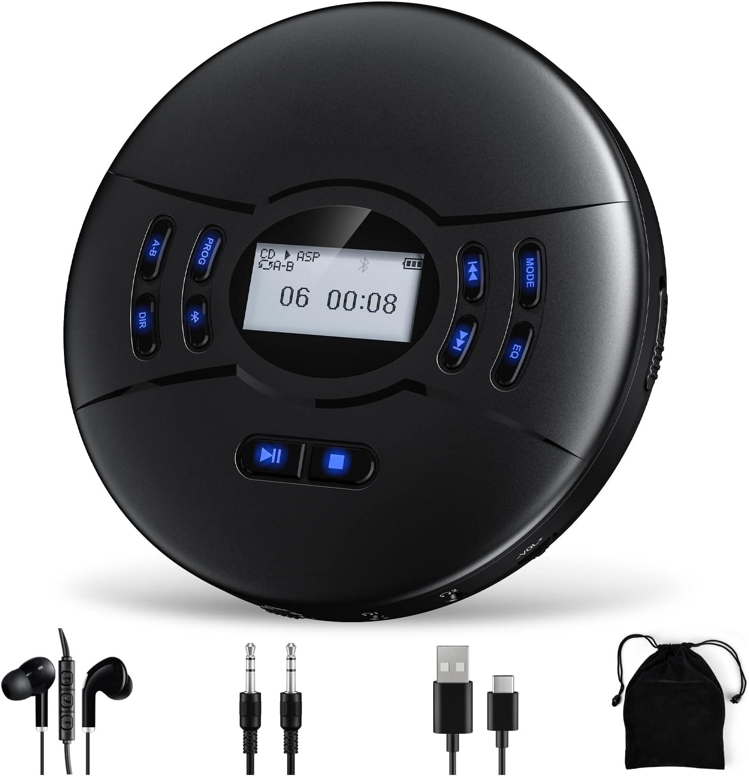Gueray Portable CD Player with Bluetooth Rechargeable 2000mAh Battery Personal CD Player Support TF Card Memory Function Hold Switch ASP LCD Display Dual Earphone Ports with AUX Cable