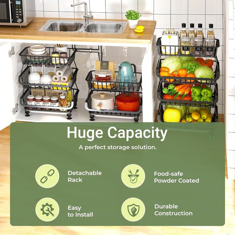 DINEST Modern Tier Fruit Vegetable Storage Basket with Rolling Wheels - Dining Table and Kitchen Counter Organizer - Creative Fruit Basket Stand Made of Iron (4 Tier 16.14