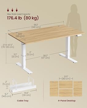 VASAGLE Electric Standing Desk, USB C Port, Cable Tray, Golden Oak