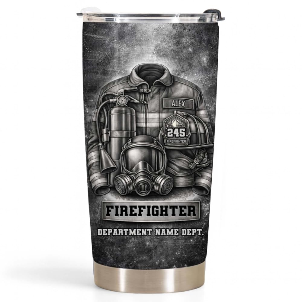 Firefighter Dept Helmet And Gear - Personalized Stainless Steel Tumbler Custom Firefighter Coffee Cup for Dad Husband Firefighters
