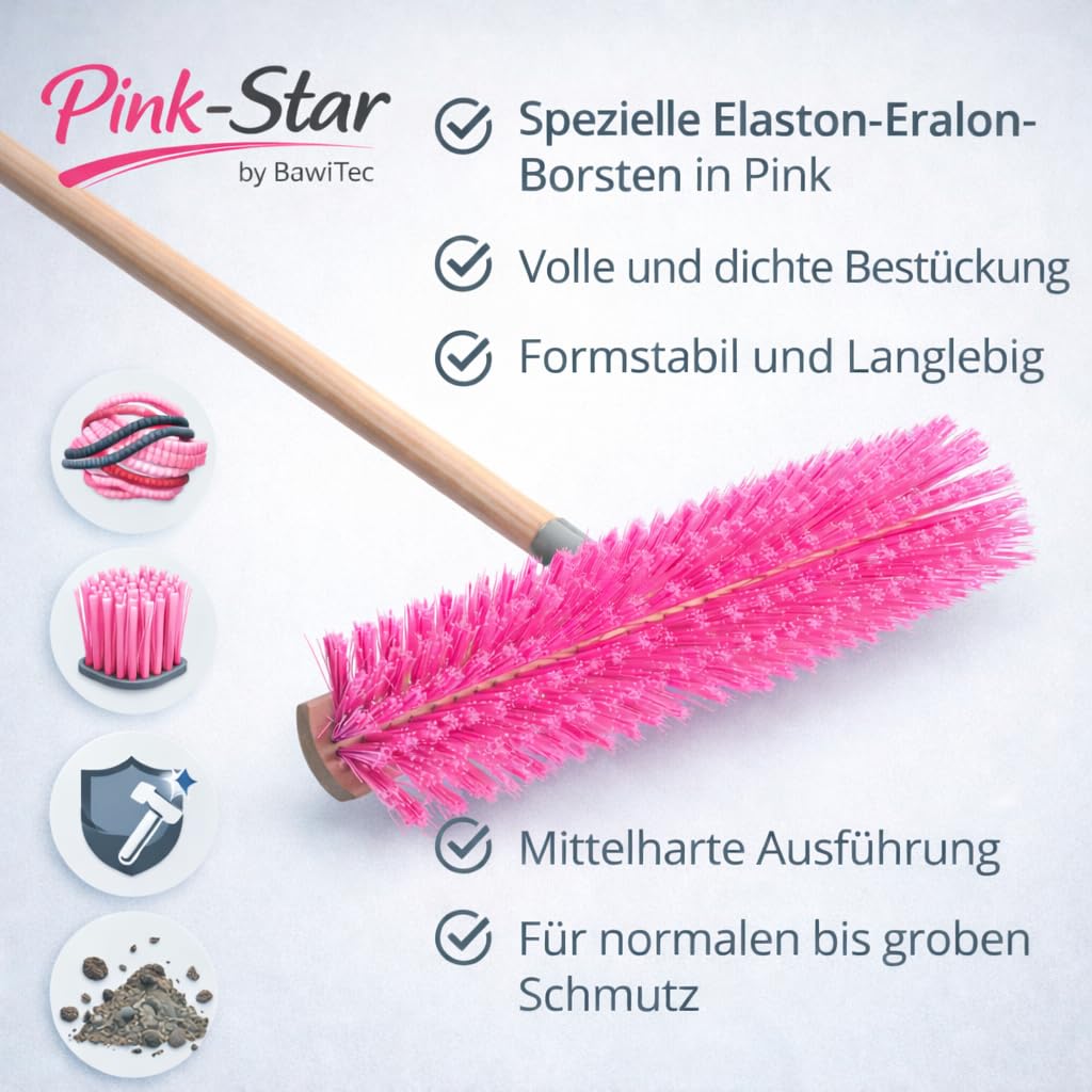 Pink-Star Besen Handfeger Set Straßenbesen mit Pinken Borsten Komplett-Set mit Stiel Besenstiel Hochwertig Langlebig für Draußen Garten Werkstatt Haus und Hof 60cm mit Holzstiel
