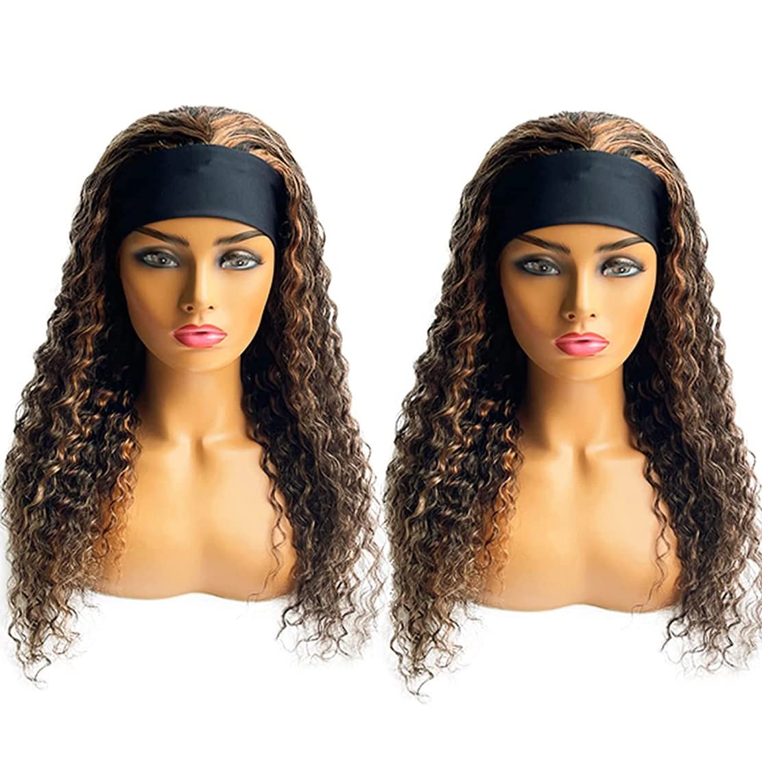 Rebasar Ombre Headband Wigs Human Hair Clolored Highlight Curly Headband Wigs for Black Women Human Hair 14 Inch Glueless Deep Wave No Lace Front Wigs Brazilian Virgin Hair Wear and Go Wigs 4/27