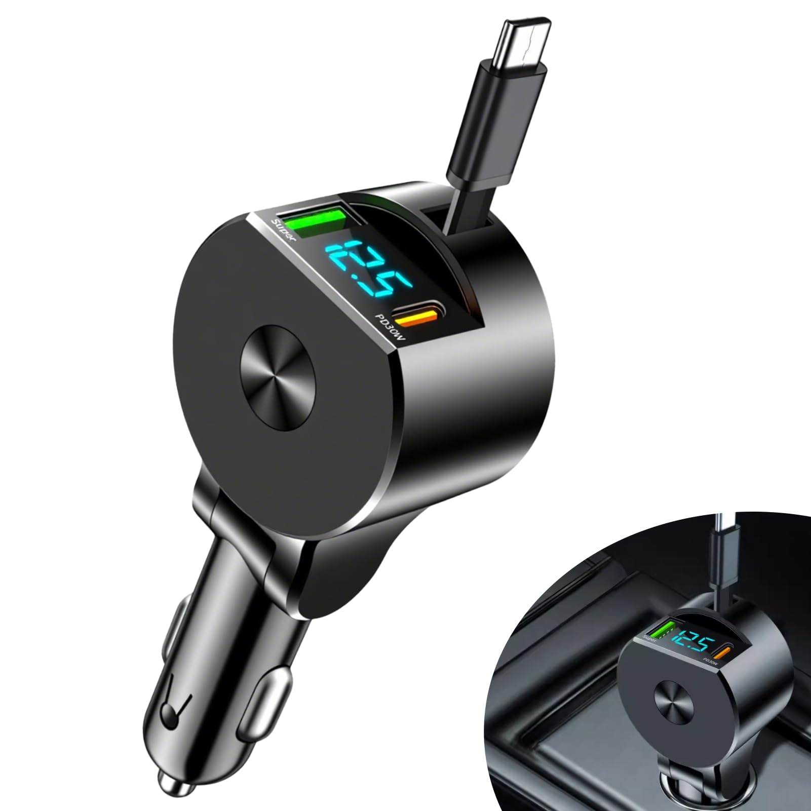 Caricatore Auto Accendisigari Retrattile 3 in 1 75W con Cavo USB C Retrattile e Porta USB-A, Carica Cellulare per Auto Rapido PD 30W QC3.0, Compatibile con i-Phone 16/15/14, Sam-sung, Huawei, Xiaomi,