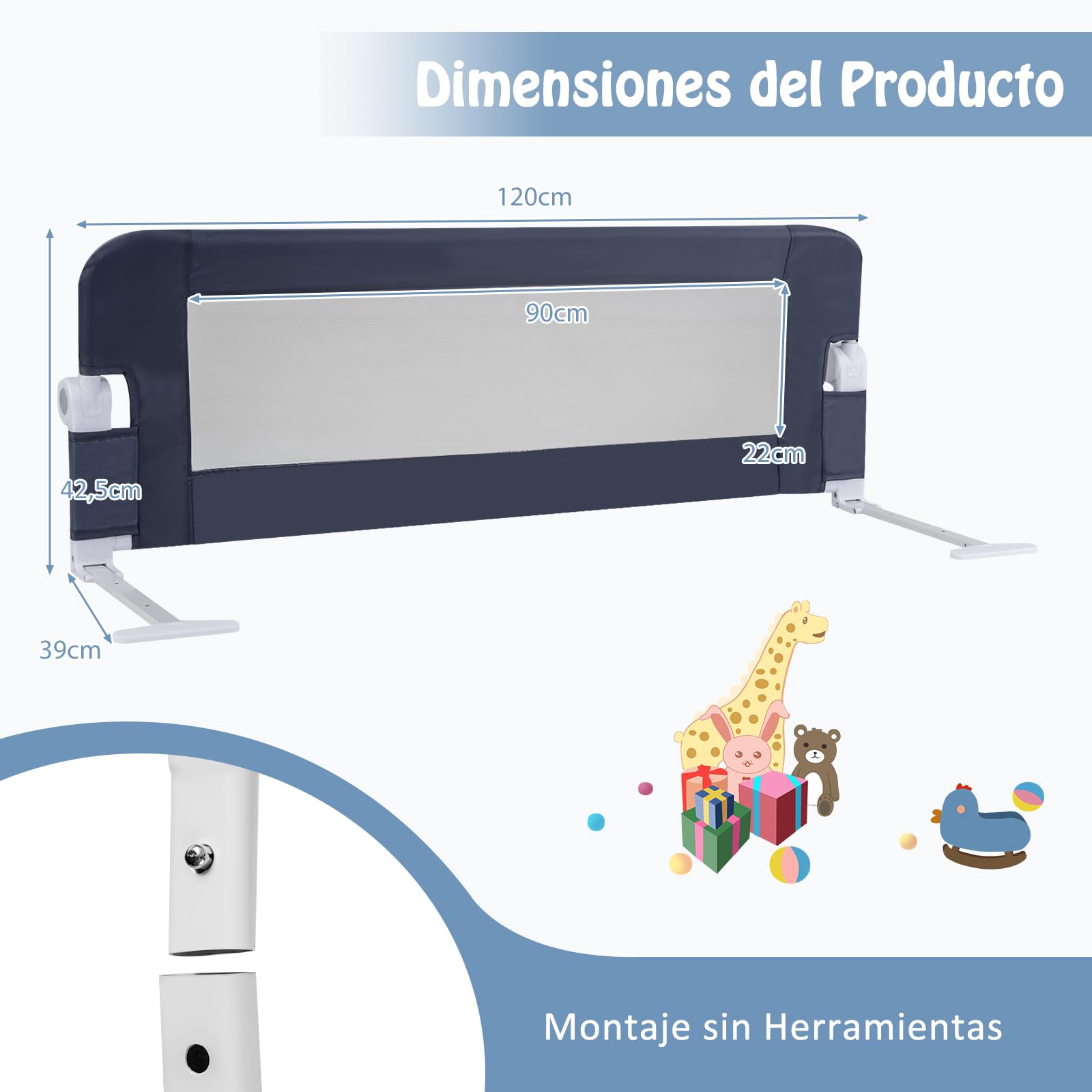 GOPLUS Barrera Seguridad Niños Cama, Barandilla Cama Plegable para Bebés para Cama Infantil, Camas Gemelas, Barrera Cama para Niños con Espuma Suave y Mecanismo Abatible (Gris,120 x 39 x 42,5 CM)