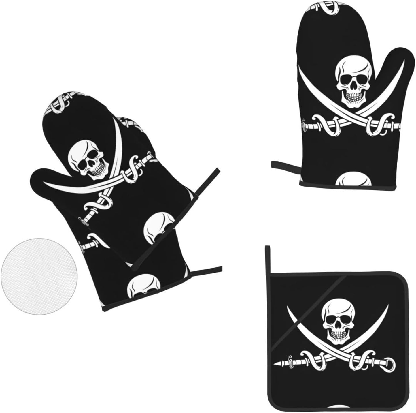 (Pirate Flag) Baking 4-Piece Set: 2 Oven Mitts and 2 Pot Holders Heat Resistant Waterproof Hanging Loop for Kitchen Oven Grill Housewarming Gifts