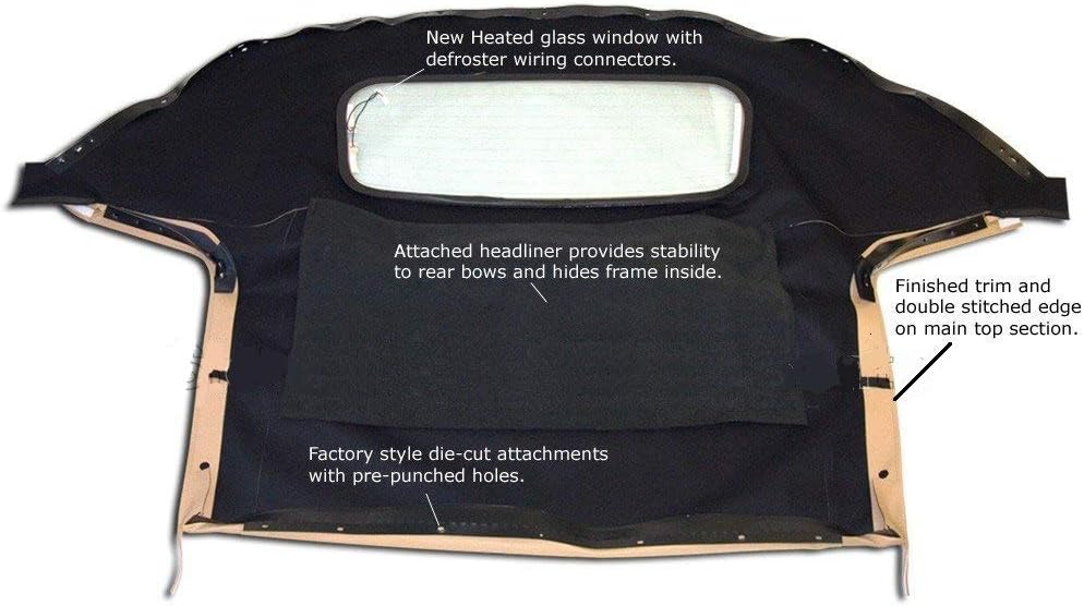 Compatible With Mazda Miata Convertible Top 1990-2005 One-Piece Non-Zippered Heated Glass Window in Cabrio Vinyl (Black)