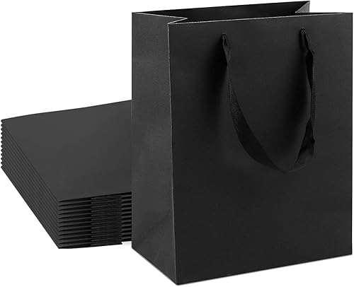 Bolsas de regalo de papel kraft de 24 piezas, tamaño pequeño de 6.3 x 3.2 x 8.5 pulgadas, bolsas de papel negro con asas de cinta para fiestas,