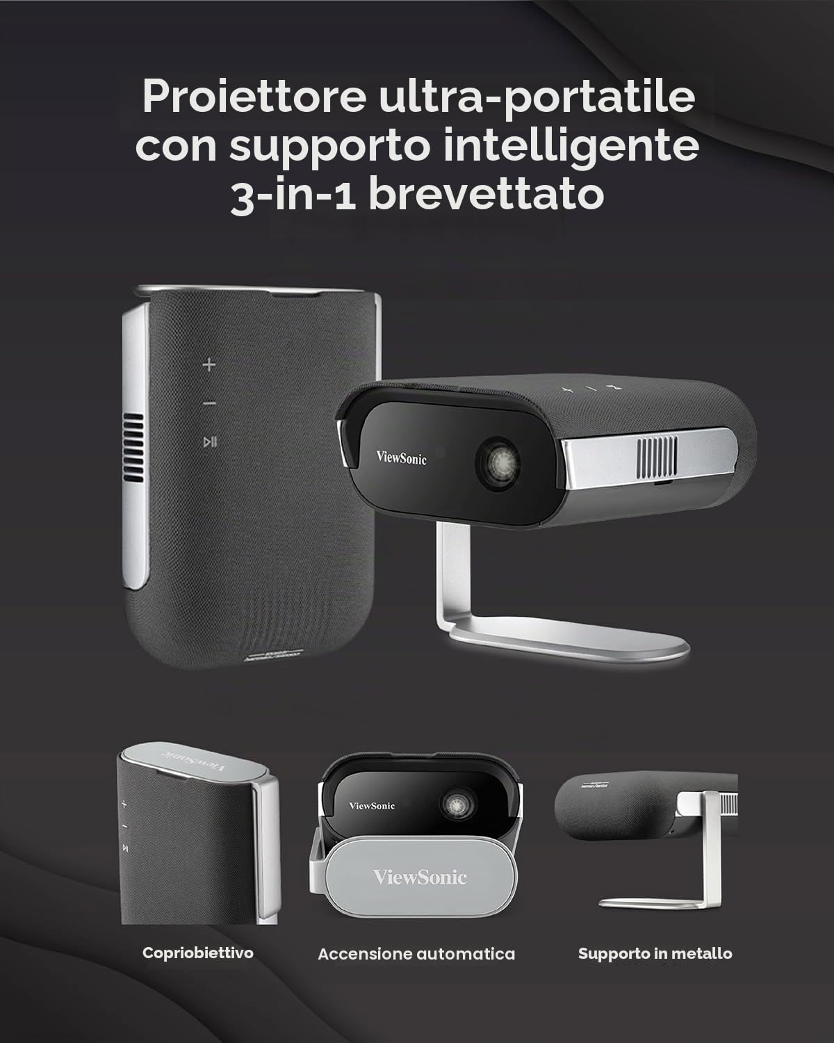 ViewSonic M1 Max - Proiettore LED intelligente portatile, Full HD 1080p, Google TV, proiezione a 360°, 200 ANSI lumen, batteria integrata con 2 ore di lettura, messa a fuoco automatica, pad H/V
