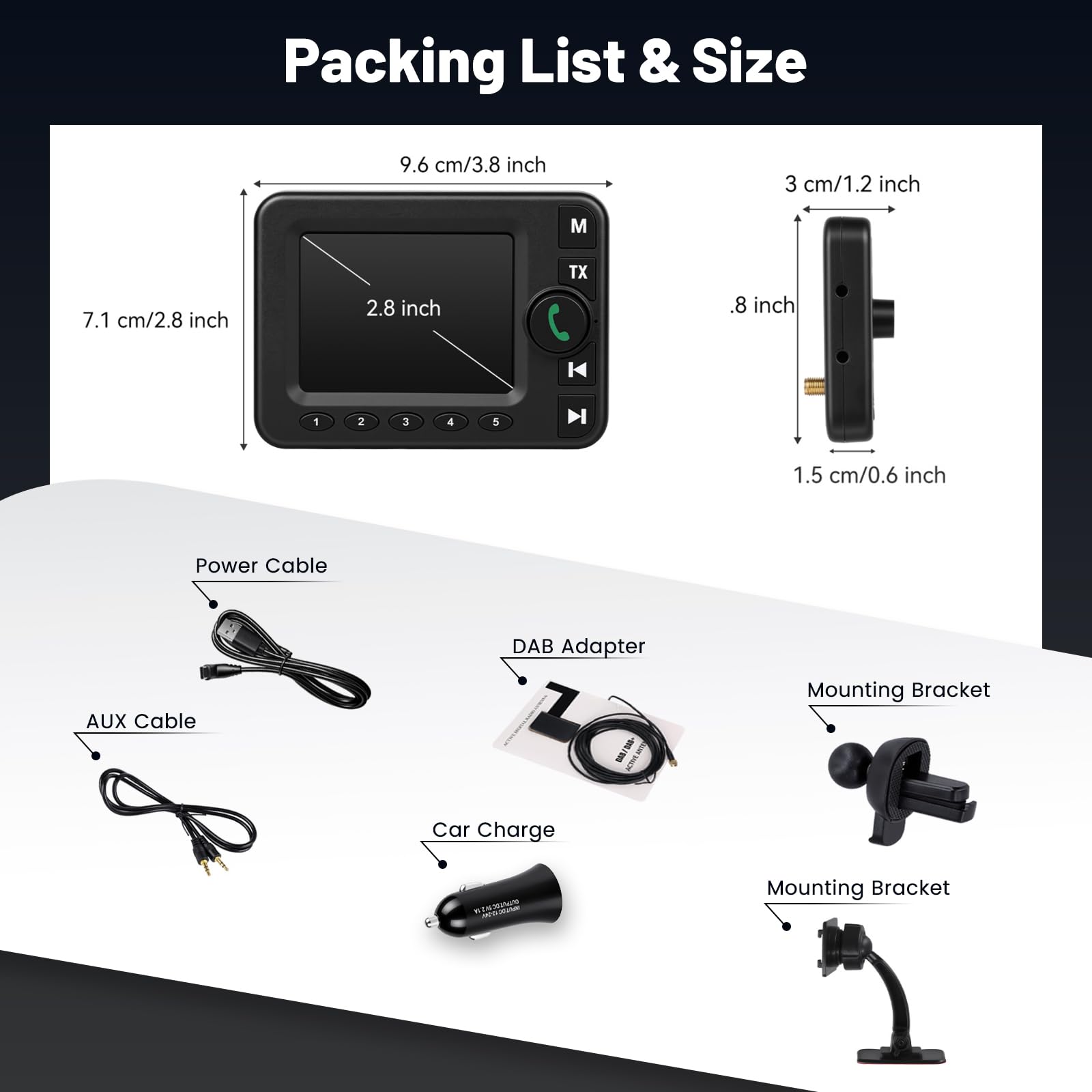 Adaptateur Radio Numérique Dab Dab+ avec 10 Touches de Fonctions Rapides pour autoradio - Écran LCD 2,8 Pouces avec Bluetooth Musique - Lecteur de Musique Dab Adaptateur récepteur Aux Entrée/Sortie