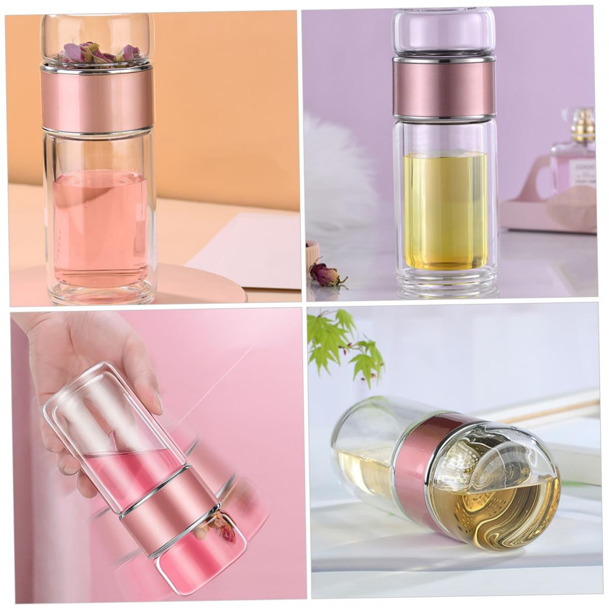 COLLBATH Tragbare Teetasse mit Teesieb und Deckel, 250ml Glas, Roségold