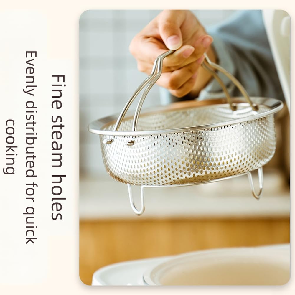 Cesta de vapor de acero inoxidable para olla arrocera en varios tamaños con patrón de agujeros densos y mango ergonómico para elevación segura (extragrande)