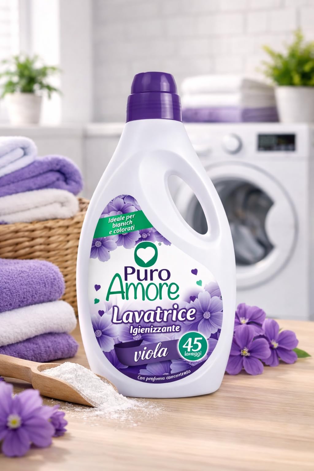 Puro Amore detersivo liquido lavatrice viola igienizzante – profumo intenso e duraturo – ideale per bianchi e colorati – 45 lavaggi per bottiglia – formato convenienza 3 o 6 bottiglie (6)