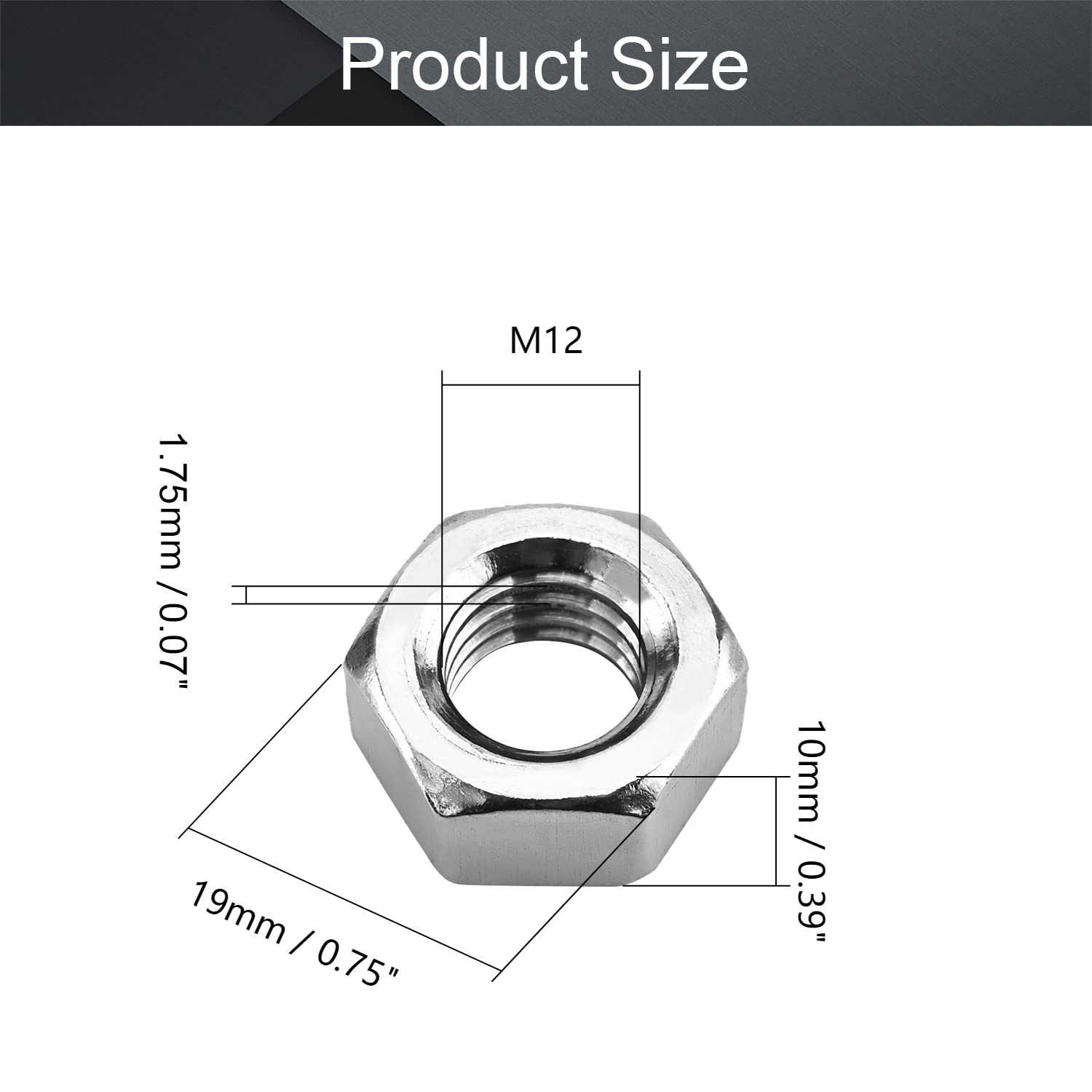 MroMax M12-1.75mm Hex Nuts, 304 Stainless Steel Metric Coarse Thread Hexagon Nut Fasteners for Mechanical Equipment,Construction Repair Silver 10Pcs
