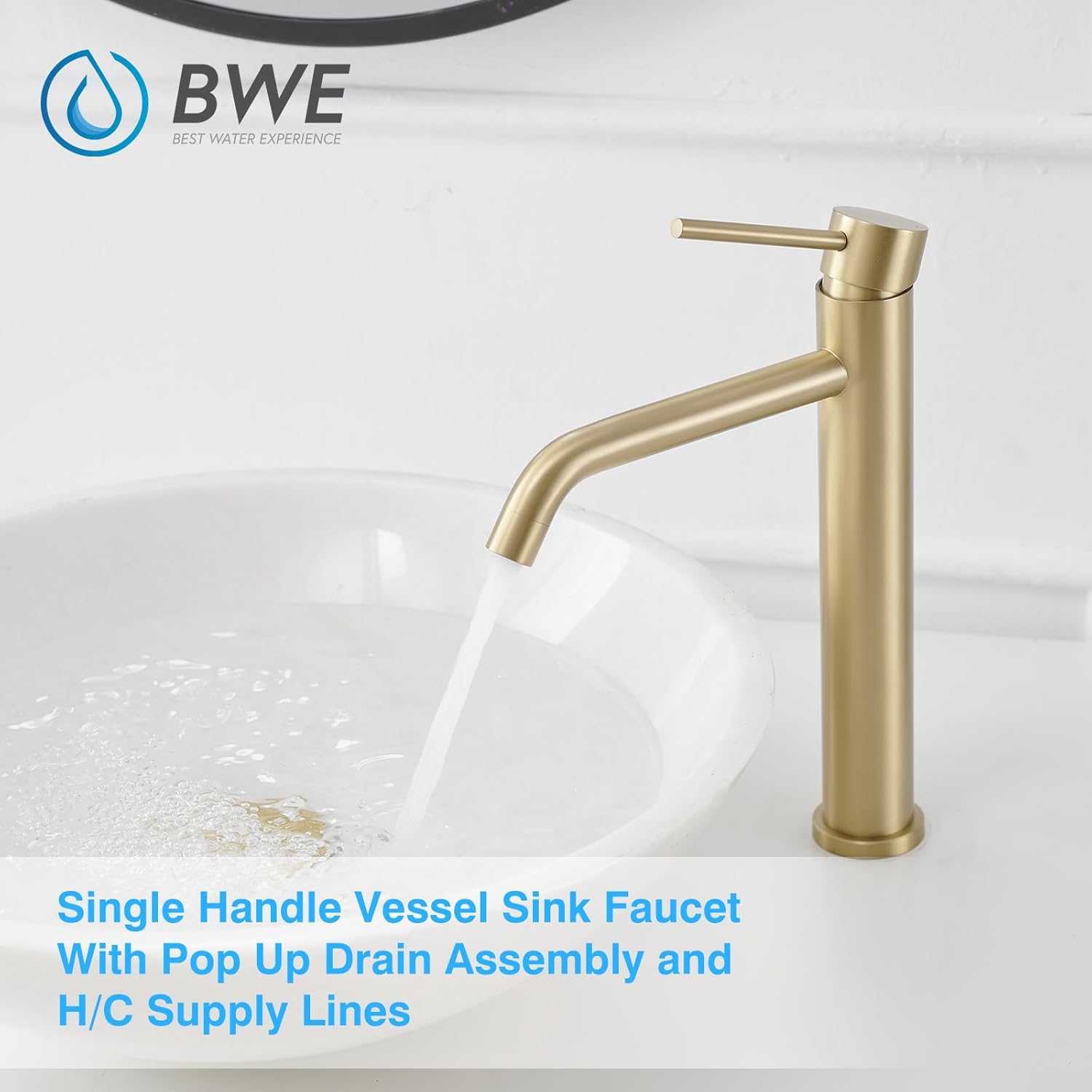 BWE Brushed Gold Vessel Sink Faucet Single Handle with Pop Up Drain Assembly and Supply Lines Stainless Steel Single Hole Bathroom Sink Faucet Commercial Basin Lavatory Vanity Sink Faucet Mixer Tap