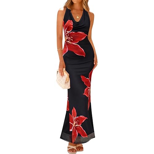 ZESICA Women's 2025 Summer Halter Neck Floral Print Maxi Dress Sleeveless Backless Wedding Guest Party Bodycon Long Dresses