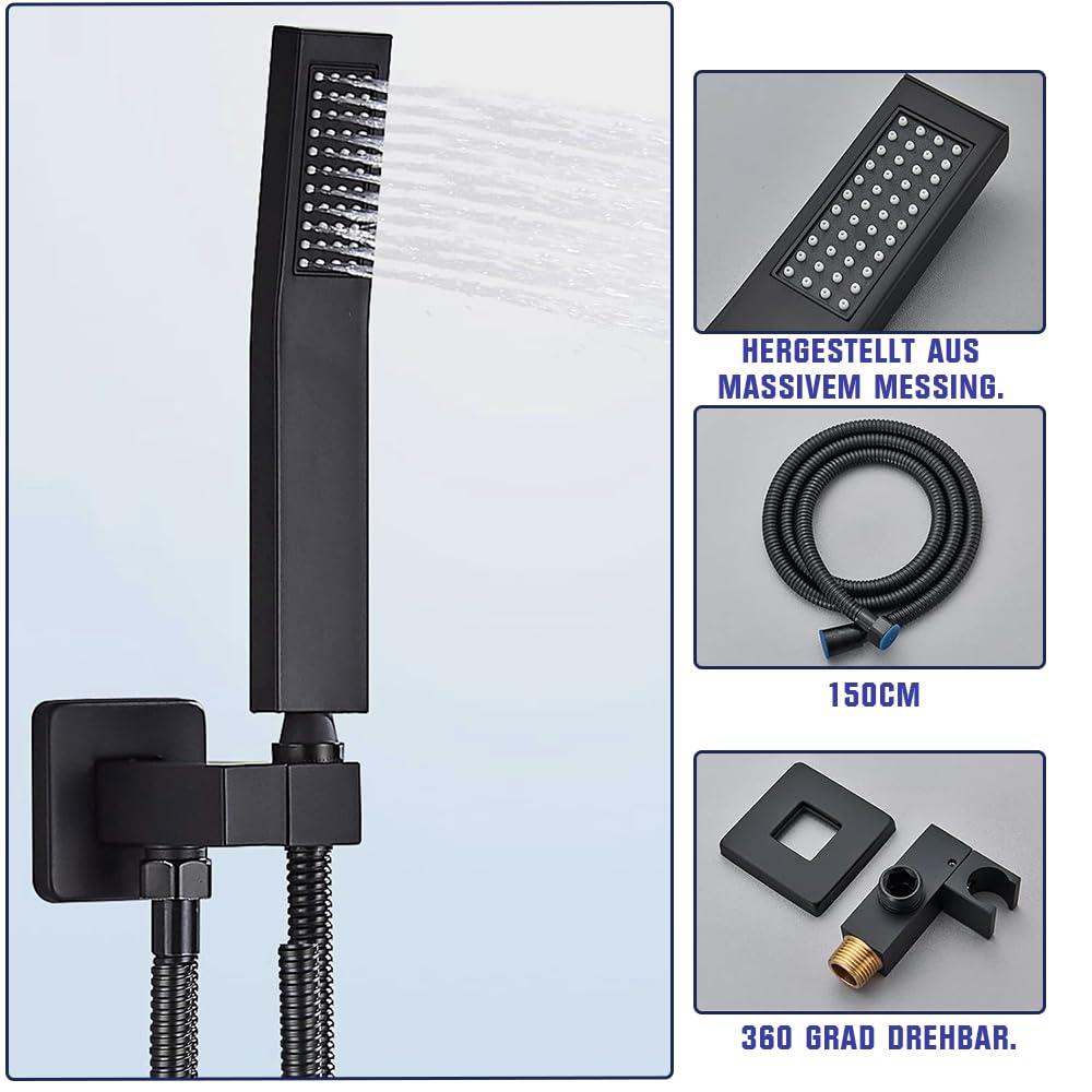 Duschsystem Schwarz Unterputz Duscharmatur Set inkl.30X30cm Kopfbrause, Duschsystem mit Temperatur LCD Display, Regendusche Schwarz, 200mm Handbrause, Messingkörper, 1.5m Brauseschlauch, 37cm Hoche