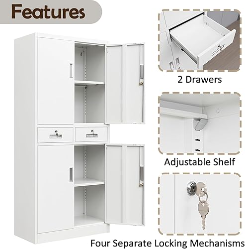 Miniatura 5 de CJF Armario de almacenamiento de metal con estantes y cajones ajustables, armario de almacenamiento de despensa con bloqueo para oficina, garaje,