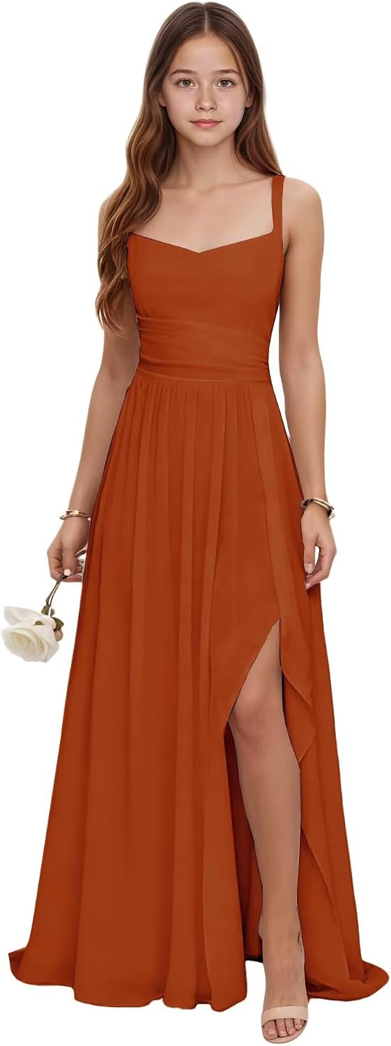 Junior Bridesmaid Dresses for Teen Chiffon Ruffle Flower Girl Dress for Wedding Spaghetti Strap Girls Party Dress