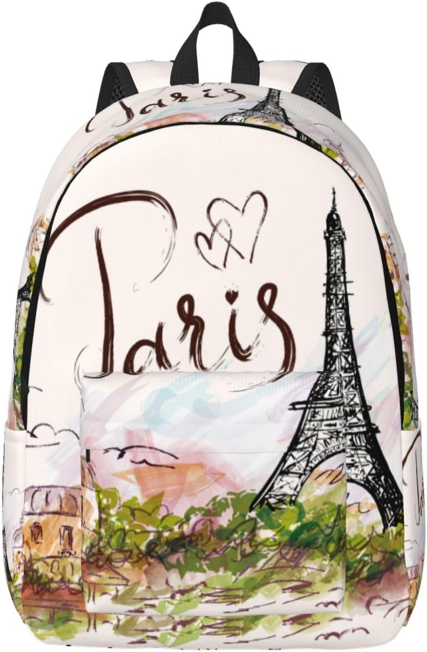 Romantic Paris Eiffel Tower Backpack for Girls Boys Women Lightweight Canvas Bookbag Casual Daypack for Travel Outdoor Camping, 17 Inch
