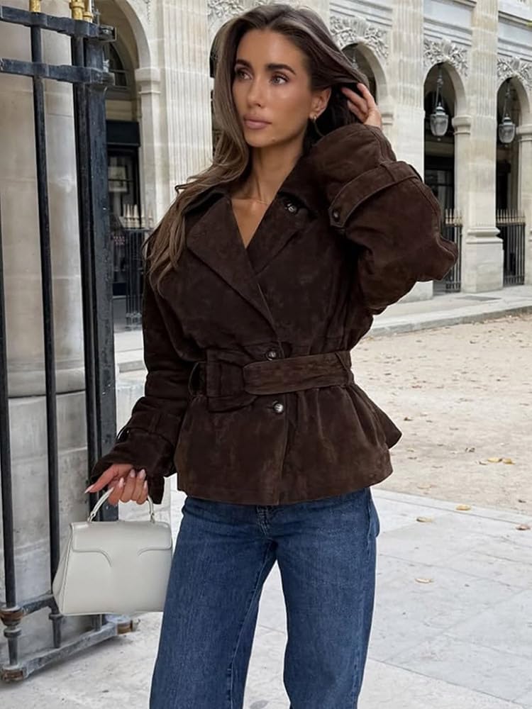 RISCUYY Suede Jacket for Women Long Sleeve Belt Collar Brown Jackets Fall Winter Faux Suede Vintage Coat - Image 2