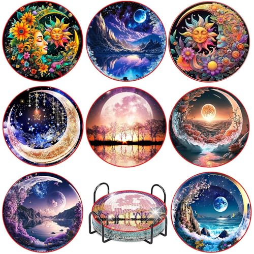 Sottobicchiere Dipinto a Diamante 8 Pezzi, Diamond Painting Kit Completo, Sottobicchieri Diamante con Supporto, Sottobicchiere Legno con Pittura a Diamante, per Vasi, Tazze, Candele Decorative