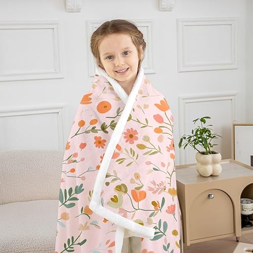 Miniatura 3 de Manfei Pink Flower Throw Blanket Watercolor Floral Leaves Print Fleece Blanket Plants Wildflower Cozy Throws for Bed Couch Sofa,Kids Boys Girls Room