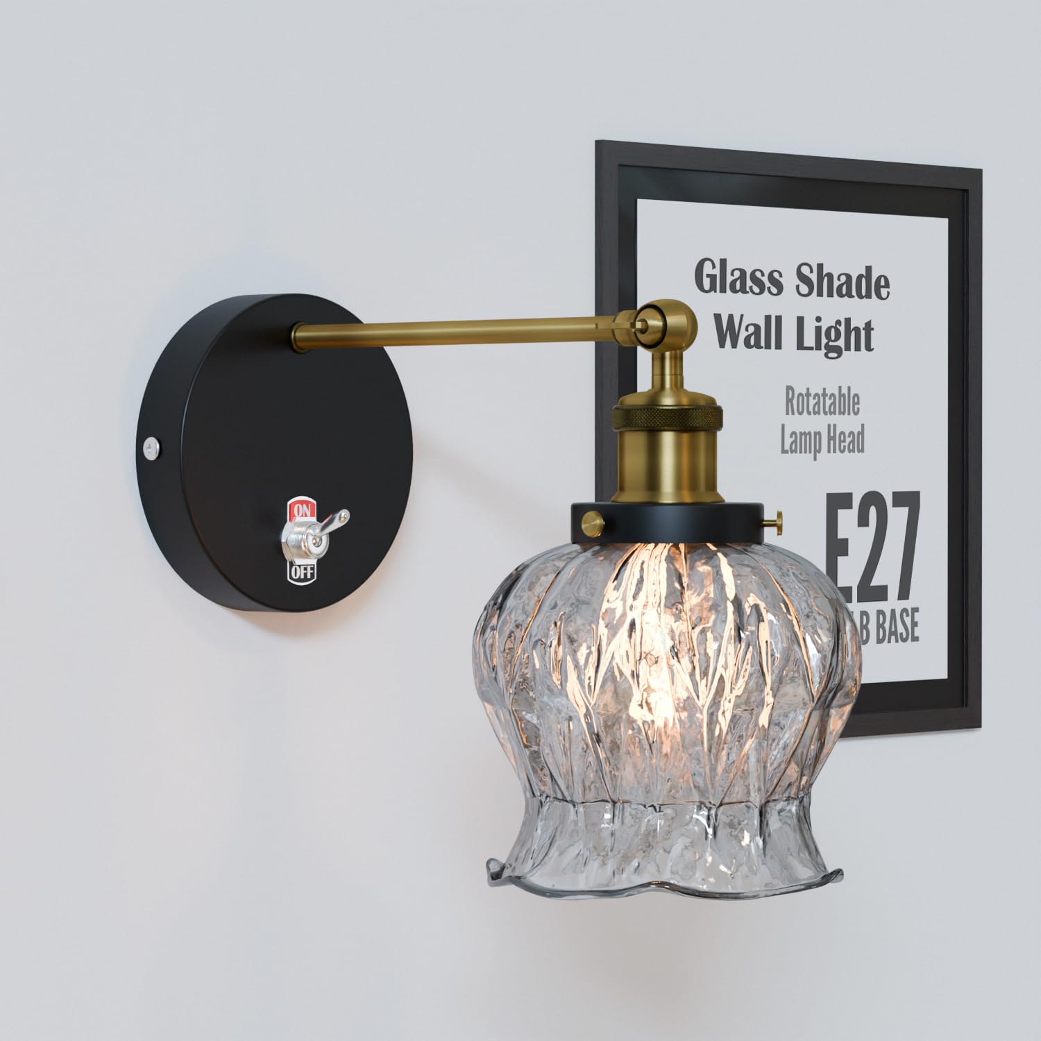Lighting Modern Vintage Industrial Bell Sconce Wall Light Fitting with 5.6” Amber Glass Lampshade,180 Degree Adjustable for Office Home Kitchen Living Room Bedroom Loft Bar — image 1