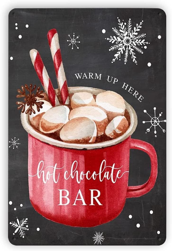 Yunking 193A Warm Up Here Hot Chocolate Funny Tin Sign Vintage Cute Metal Sign Gift Retro Novelty Cafe Store Garage Tin Signs 12X8 Inch