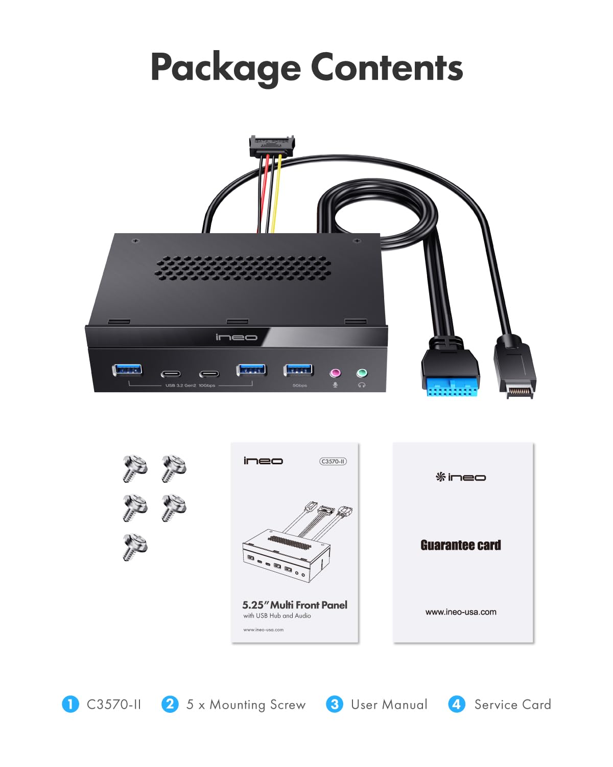 ineo Hub USB 3.2 Gen2 sul pannello frontale da 5,25" (2x10G USBC, 2x10G USBA, 1x USB3.0 TypeA e jack audio per microfono) [3570]