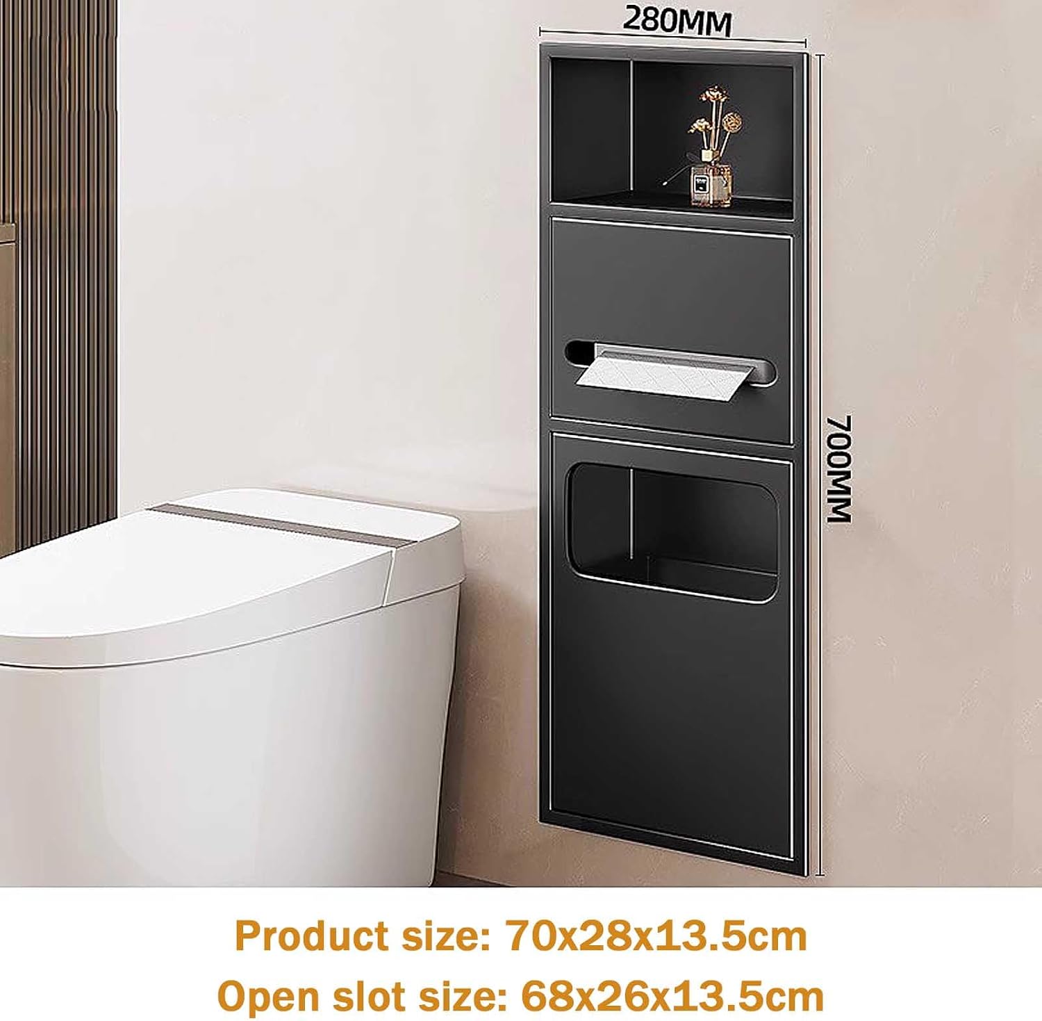 Recessed Toilet Paper Holder with Storage Cabinet, 304 Stainless Steel Black Tissue Holder for Bathroom, Shower Niche Organizer, Space-Saving Design, Modern Sty,Black