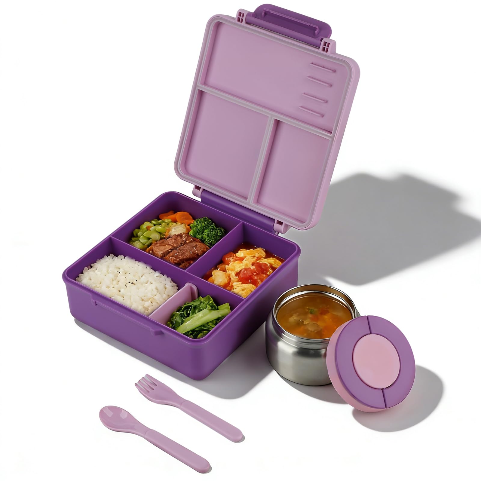 GAESHOW Pudełko śniadaniowe dla dzieci z 4 przegródkami, szczelne, pudełko na lunch 1700 ml, miska na zupę i naczynia o pojemności 300 ml, zestaw sztućców do szkoły, na piknik, podróż (fioletowe)